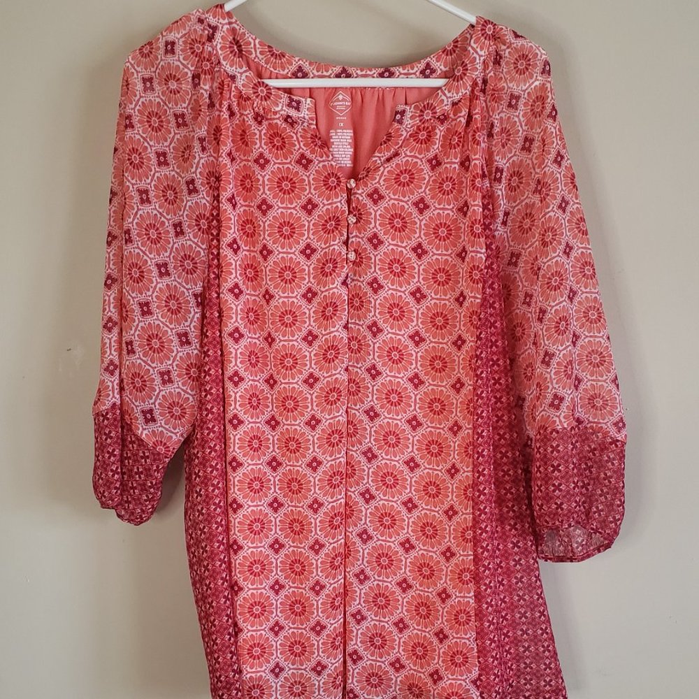 Boho tunic 1X Polyester, orange pattern long sleeve elastic cuff St Johns Bay